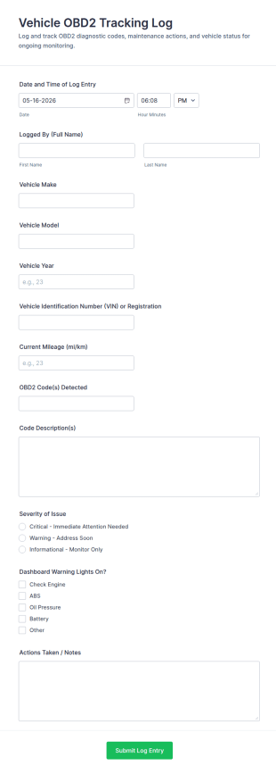 Vehicle OBD2 Tracking Log Form Template