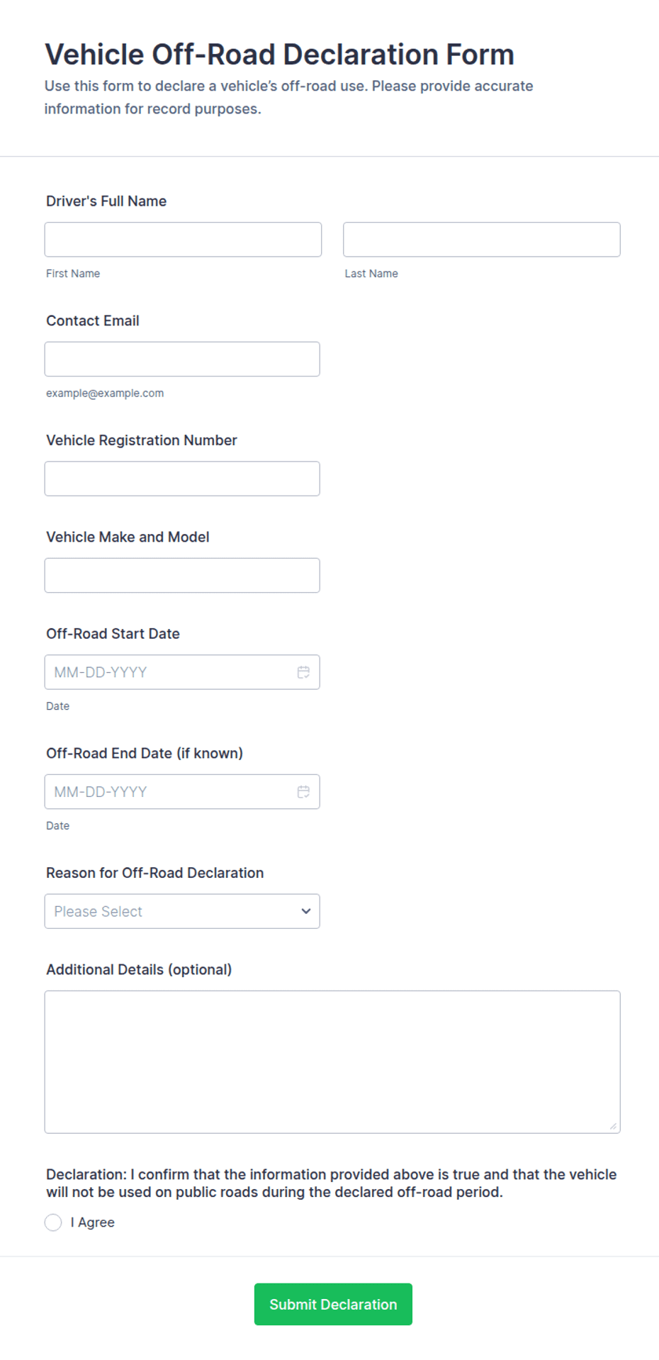 Road Declarations Example Vehicle Off-Road Declaration Form Template | Jotform