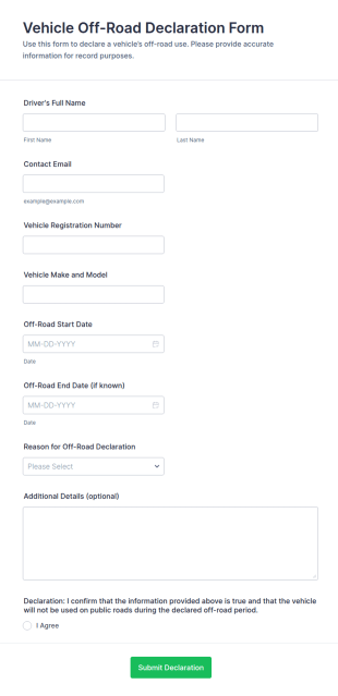 Vehicle Off Road Declaration Form Template