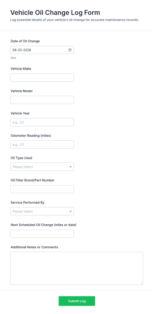 Vehicle Oil Change Log Form Template