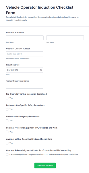 Vehicle Operator Induction Checklist Form Template