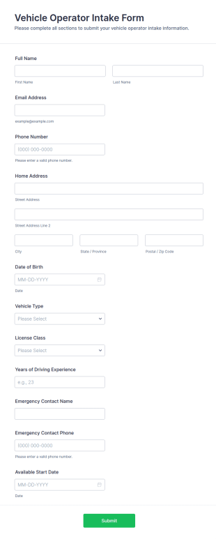 Vehicle Operator Intake Form Template