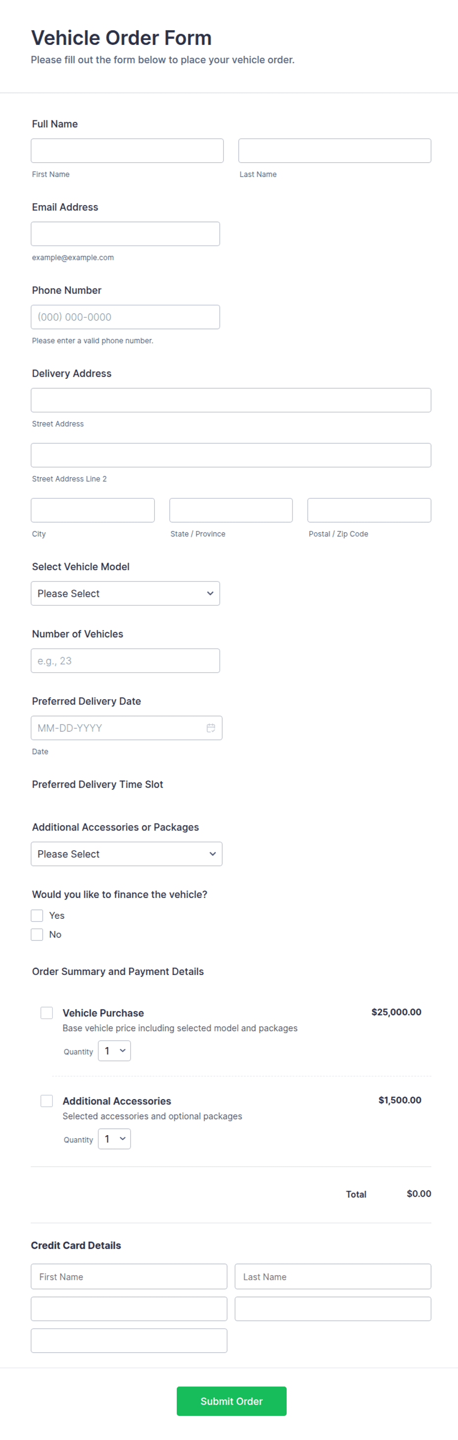Vehicle Order Form Template | Jotform
