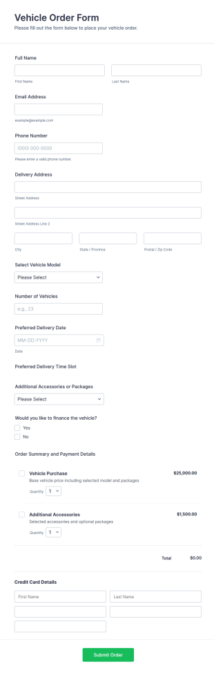 Vehicle Order Form Template