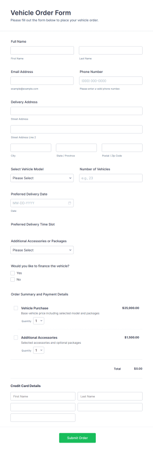 Vehicle Order Form Template