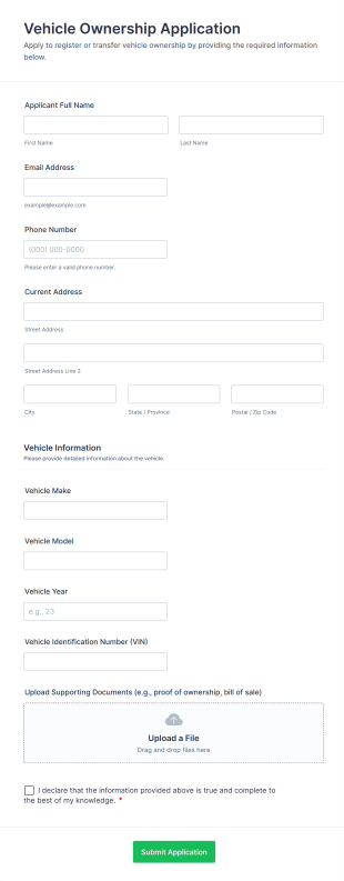 Vehicle Ownership Application Form Template