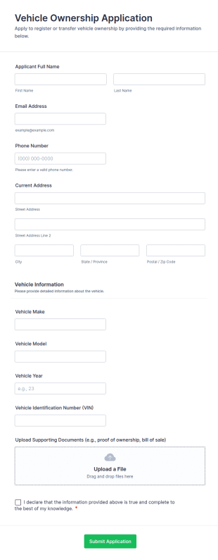 Vehicle Ownership Application Form Template