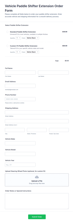 Vehicle Paddle Shifter Extension Order Form Template
