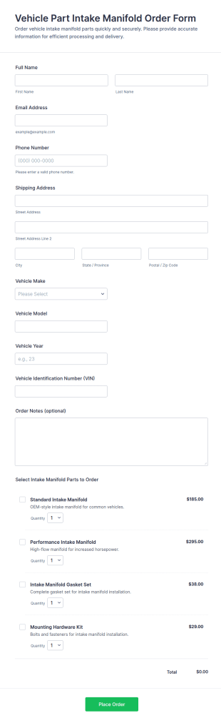 Vehicle Part Intake Manifold Order Form Template