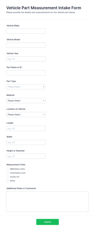 Vehicle Part Measurement Intake Form Template