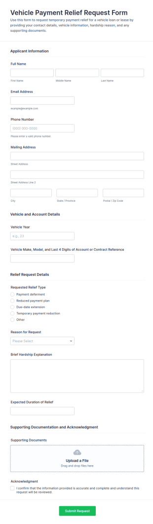 Vehicle Payment Relief Request Form Template