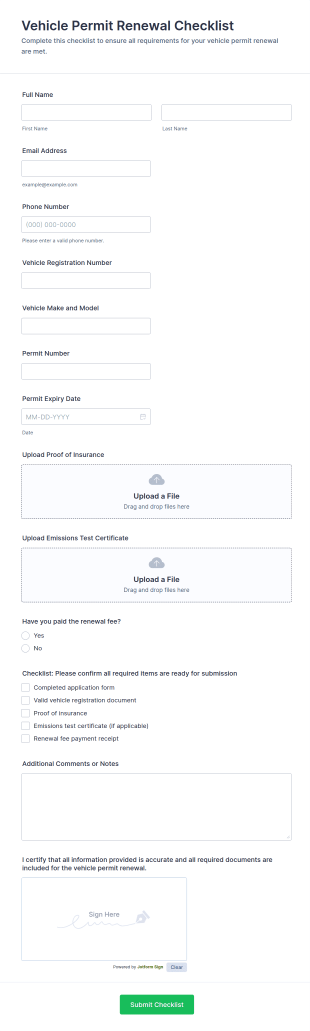 Vehicle Permit Renewal Checklist Form Template