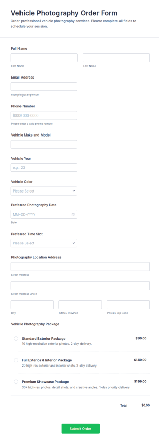 Vehicle Photography Order Form Template