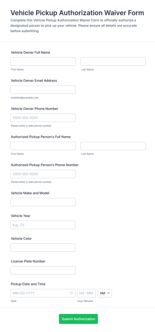 Vehicle Pickup Authorization Waiver Form Template