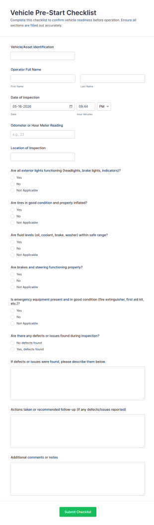 Vehicle Pre Start Checklist Form Template