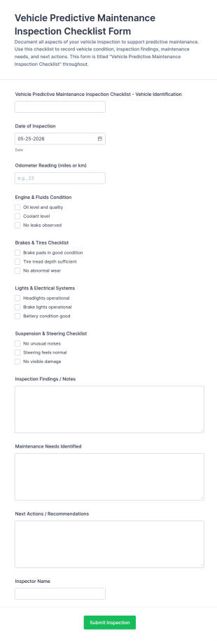 Vehicle Predictive Maintenance Inspection Checklist Form Template