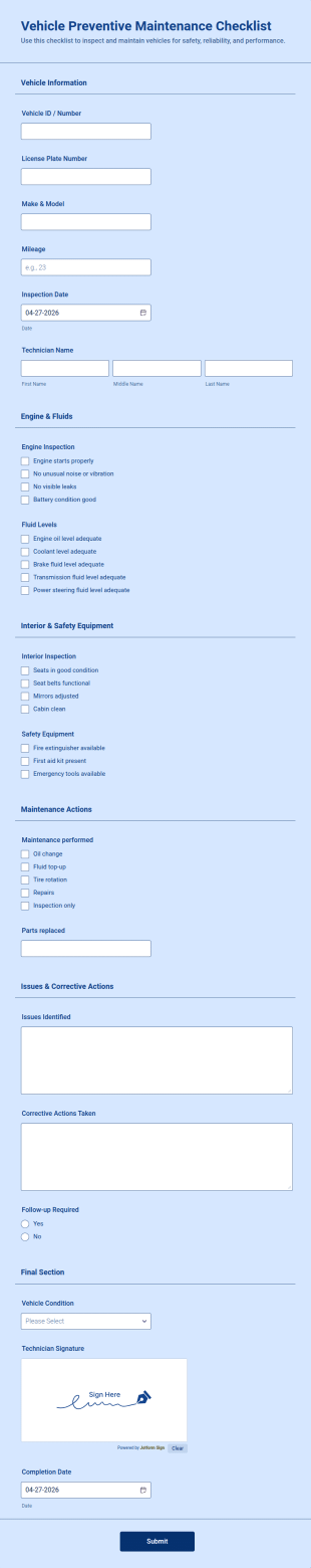 Vehicle Preventive Maintenance Checklist Form Template