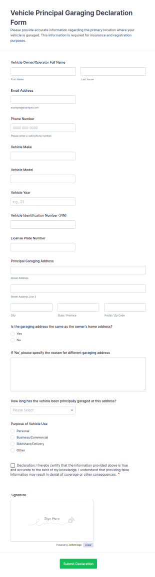 Vehicle Principal Garaging Declaration Form Template