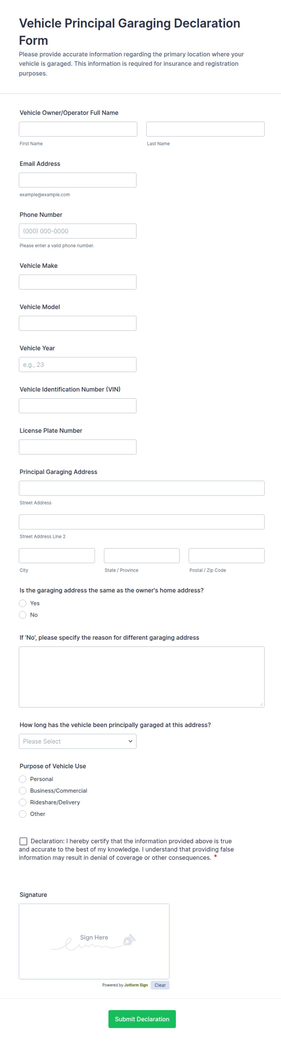 Simple Vehicle Declaration Form Vehicle Principal Garaging Declaration Form Template | Jotform