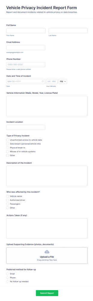 Vehicle Privacy Incident Report Form Template