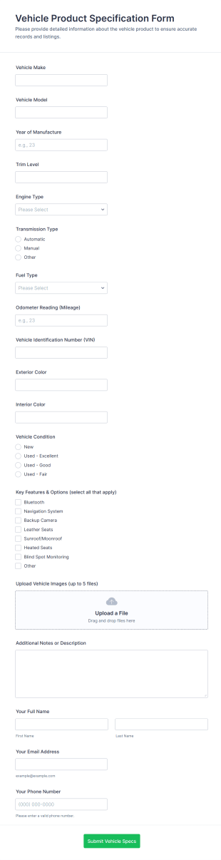 Vehicle Product Specification Form Template
