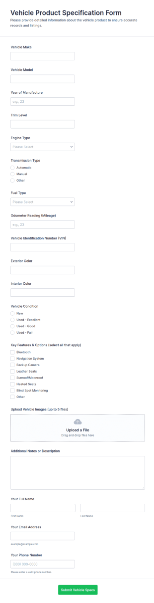 Vehicle Product Specification Form Template