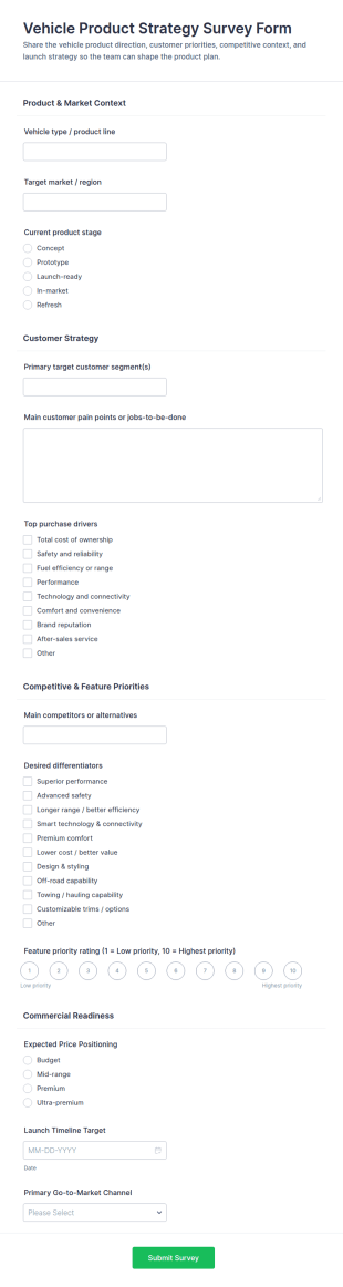Vehicle Product Strategy Survey Form Template