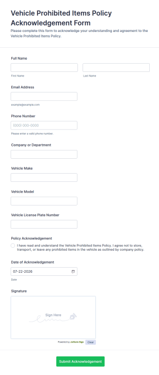 Vehicle Prohibited Items Policy Acknowledgement Form Template