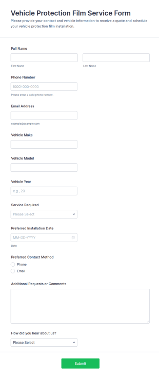Vehicle Protection Film Service Form Template