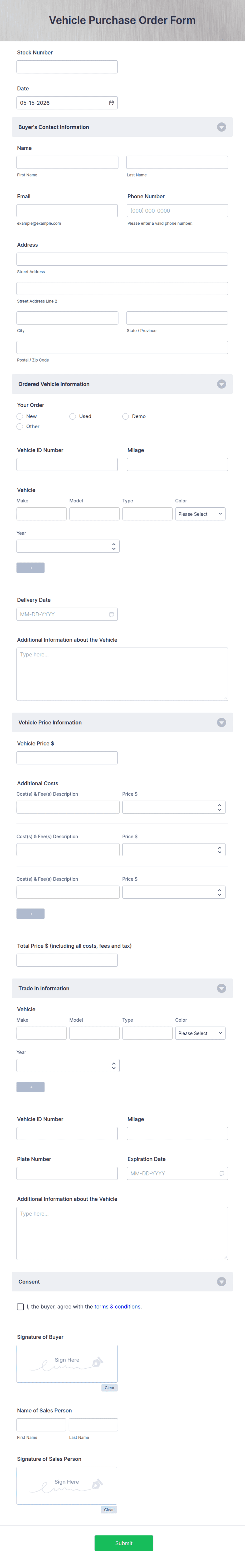 Ev Order Form Vehicle Purchase Order Form Template | Jotform