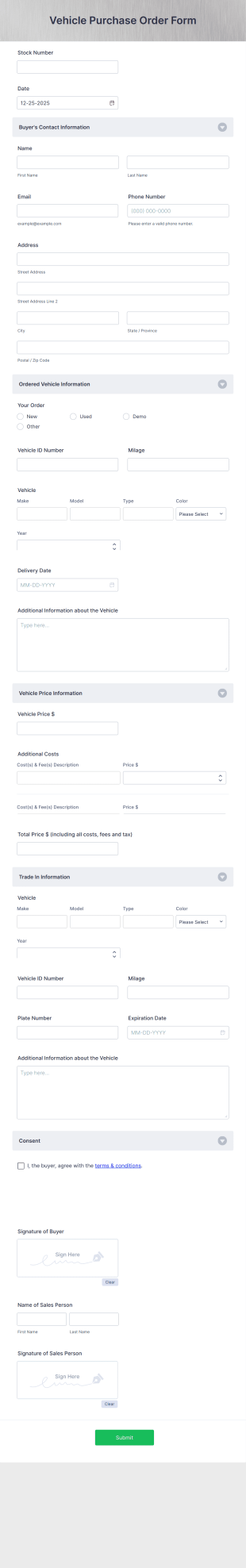 Vehicle Purchase Order Form Template