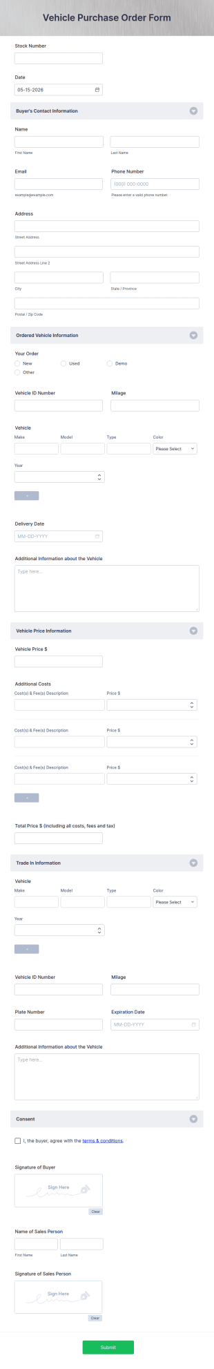 Vehicle Purchase Order Form Template