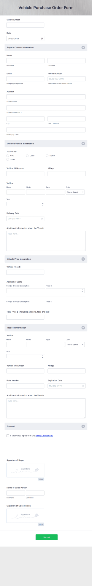 Vehicle Purchase Order Form Template
