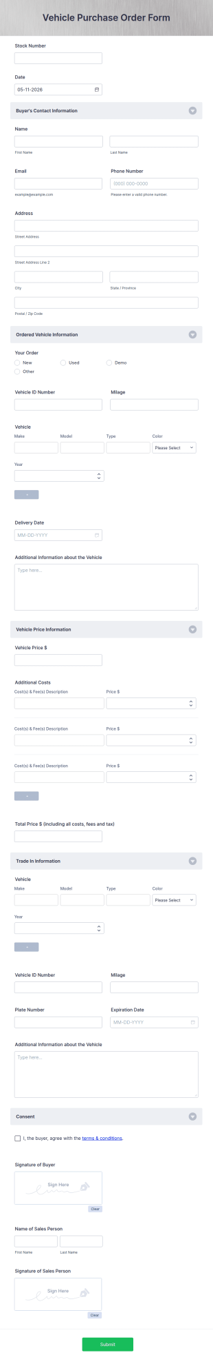 Vehicle Purchase Order Form Template
