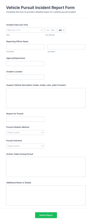Vehicle Pursuit Incident Report Form Template