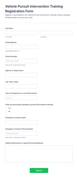 Vehicle Pursuit Intervention Training Registration Form Template