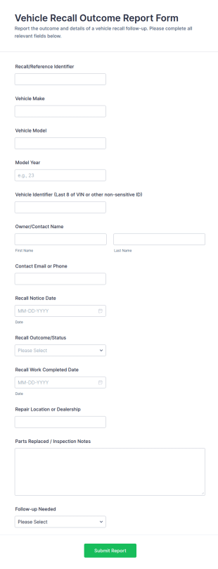 Vehicle Recall Outcome Report Form Template