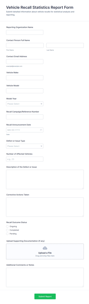 Vehicle Recall Statistics Report Form Template
