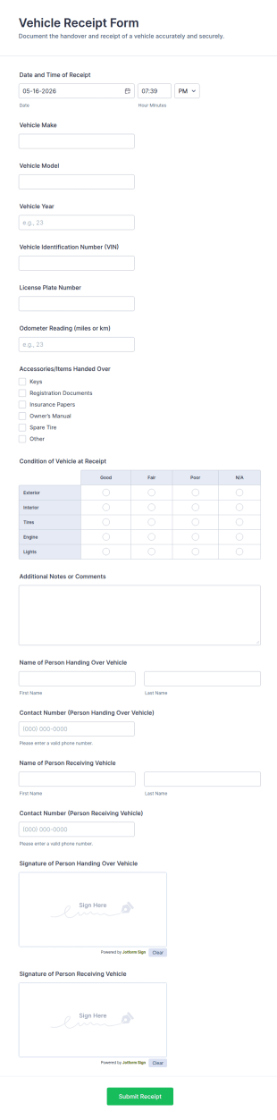 Vehicle Receipt Form Template