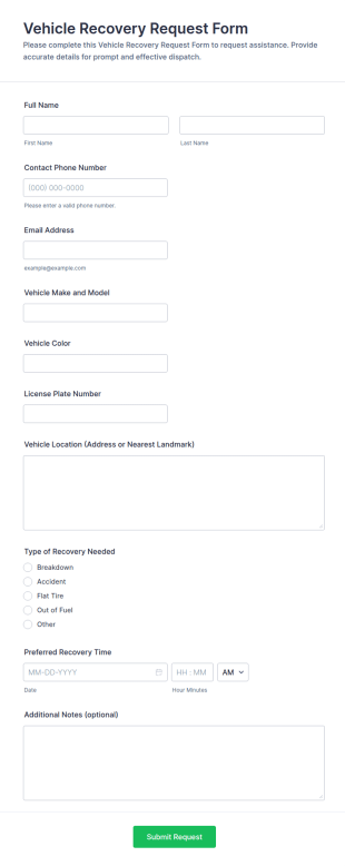 Vehicle Recovery Request Form Template