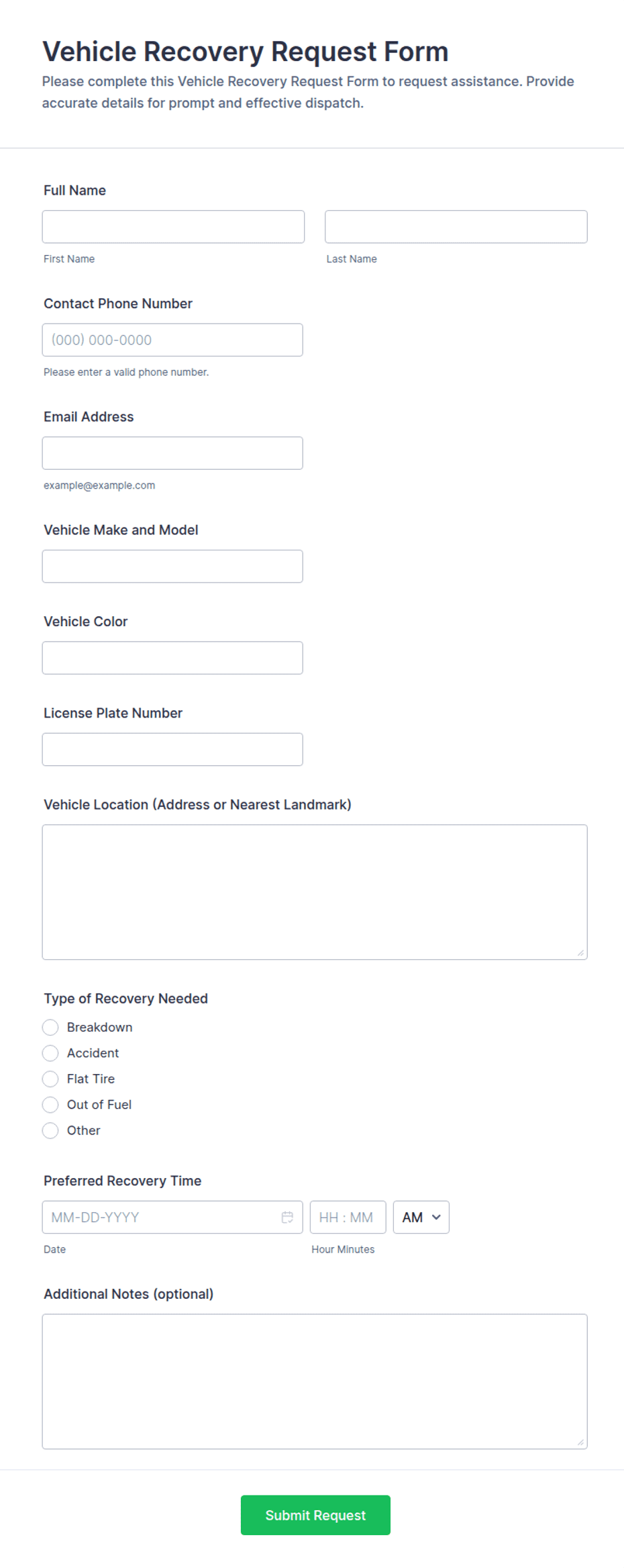 Recovery Form.pdf Vehicle Recovery Request Form Template | Jotform