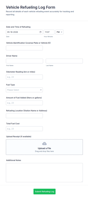 Vehicle Refueling Log Form Template