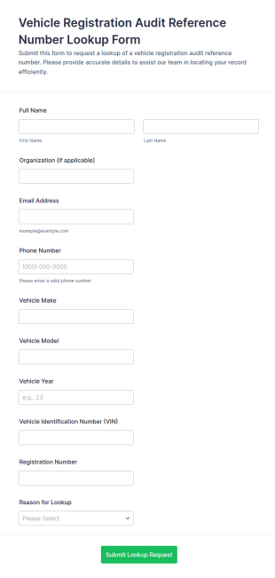 Vehicle Registration Audit Reference Number Lookup Form Template