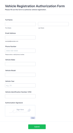 Vehicle Registration Authorization Form Form Template