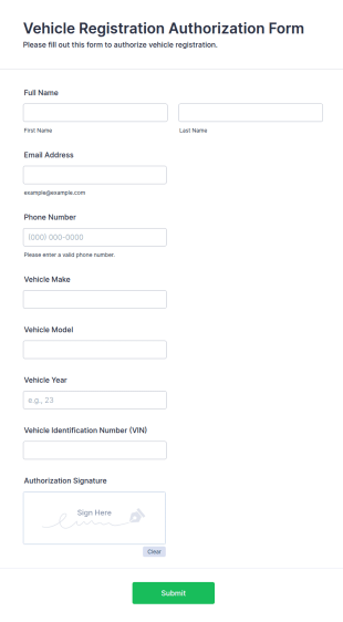 Vehicle Registration Authorization Form Template