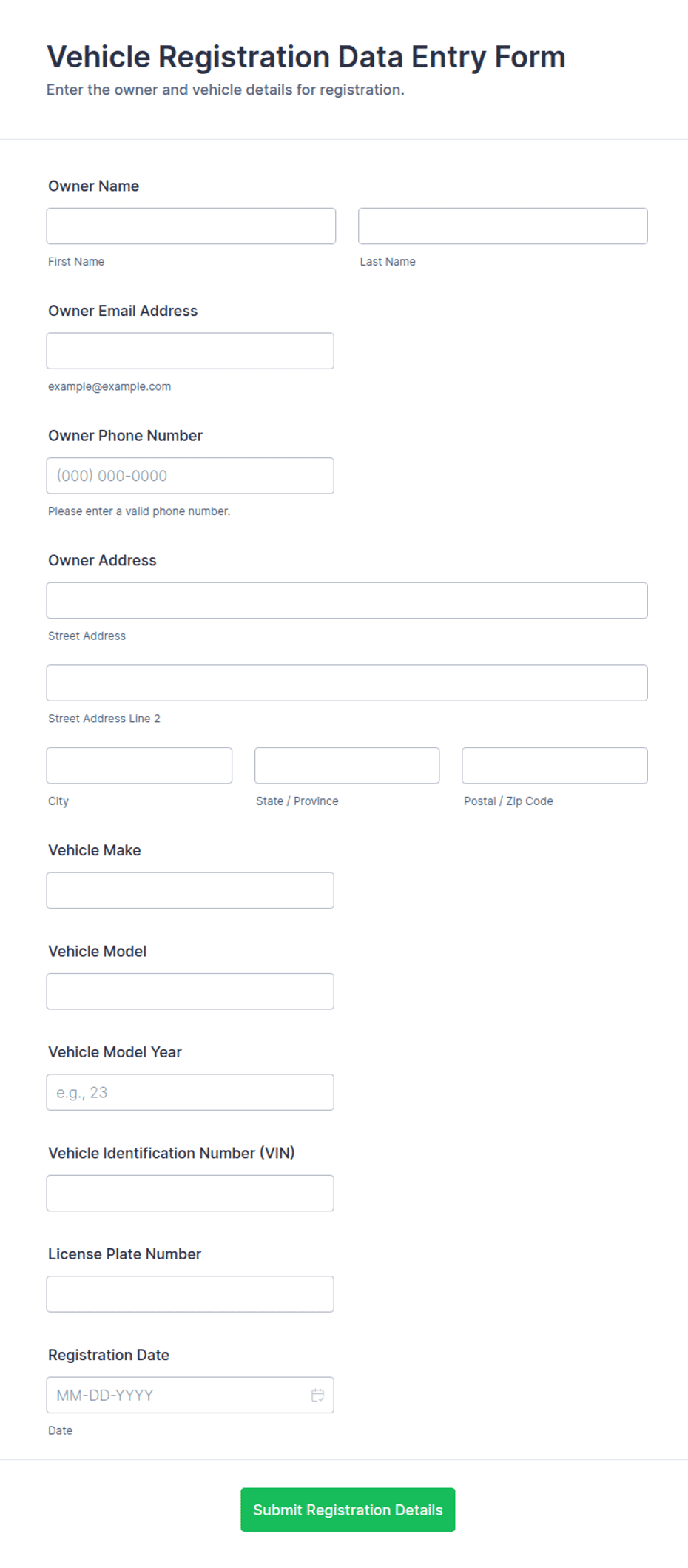 Vehicle Registration Data Entry Form Template | Jotform