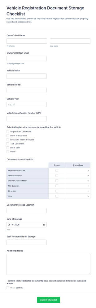 Vehicle Registration Document Storage Checklist Form Template