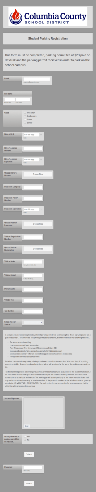 Vehicle Registration Parking Permit CCSD Form Template