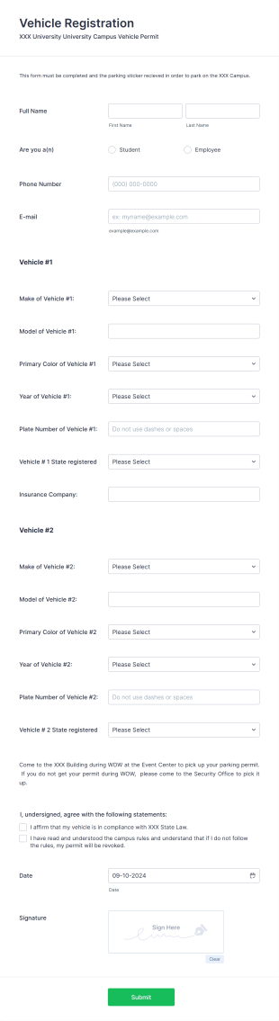 Vehicle Registration Parking Permit Form Template
