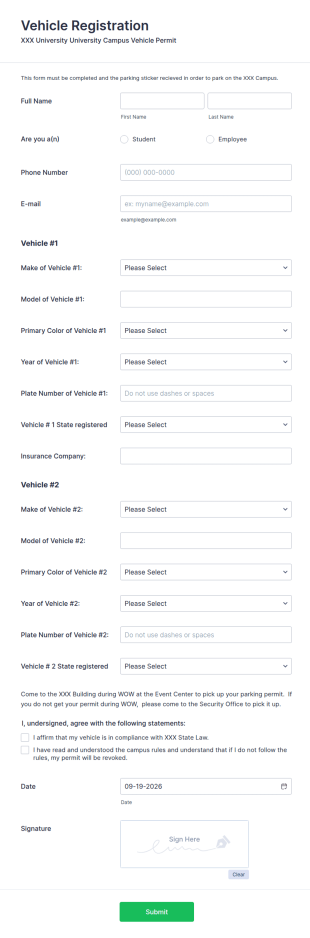 Vehicle Registration Parking Permit Form Template